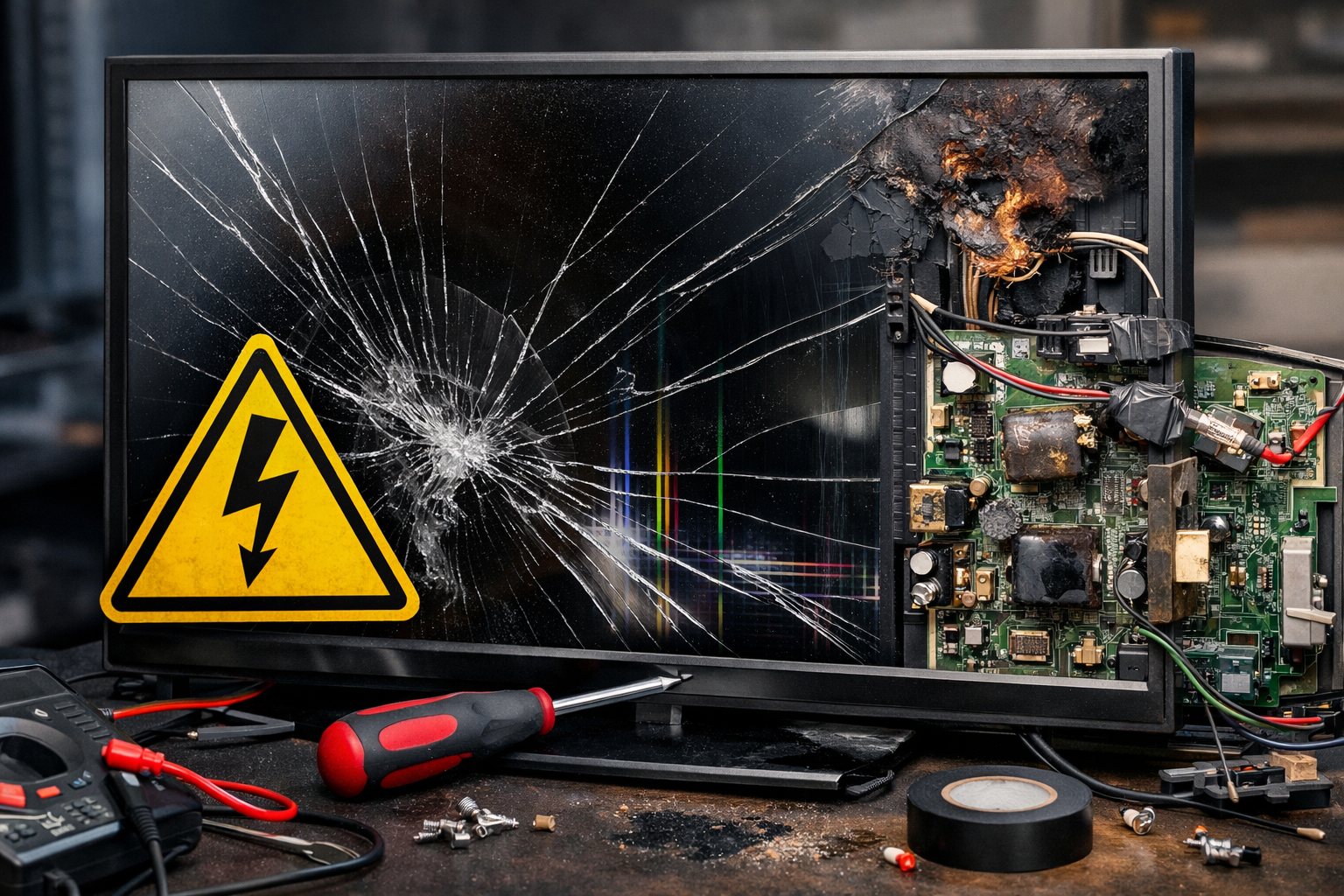 Intervenție neautorizată pe placa electronică a unui televizor – risc major la reparații TV DIY