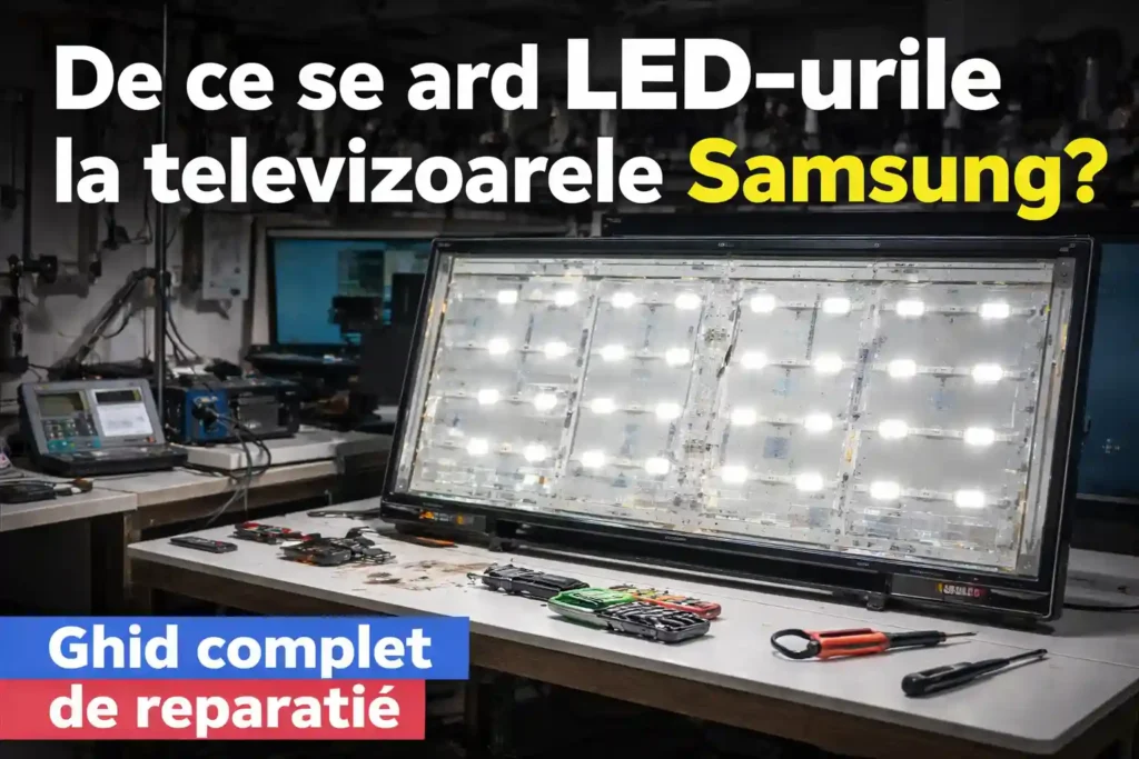 Televizor Samsung cu LED-uri de backlight defecte, puncte foarte luminoase și zone neuniforme de iluminare pe ecran
